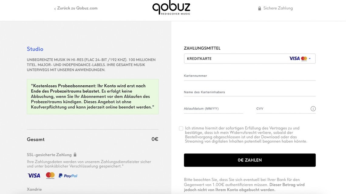Qobuz-Leseraktion: Kreditkartendatenabfrage
