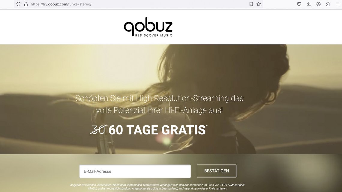 Qobuz-Leseraktion: Landingpage E-Mailadresse eingeben