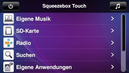 Im Hauptmenü der Squeezebox wählen Sie dann über „Eigene Musik“ den Zugriff auf die eigene Musiksammlung, über „Eigene Anwendungen“ auf Qobuz und über „Radio“ auf die Webradios. 