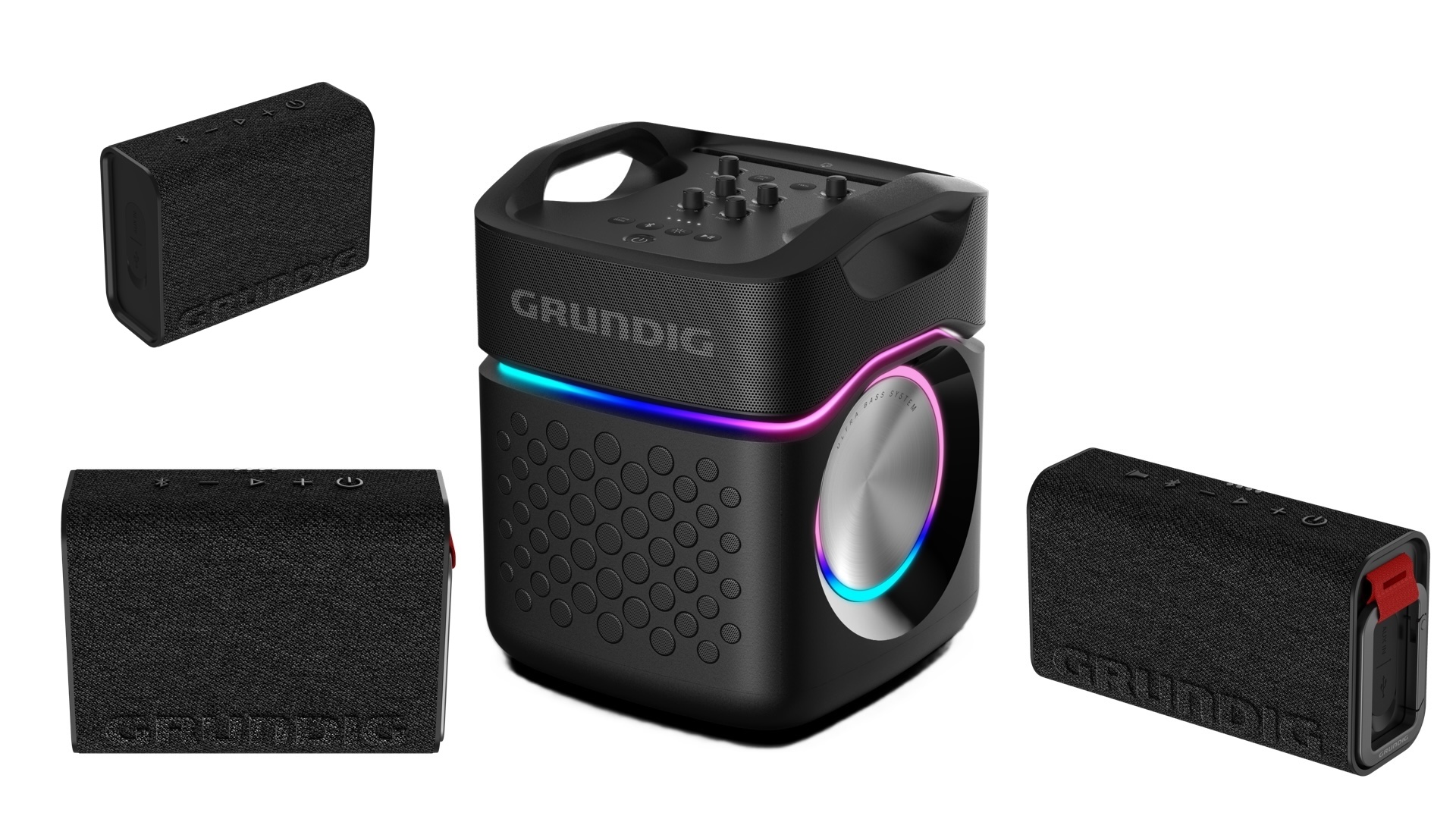 Grundigs vier neue Bluetooth-Speaker (v.l.o.n.r.): Solo 2, Jam 2, PartyHit Max und Xplore Black (Bilder: Grundig, Montage: STEREO).