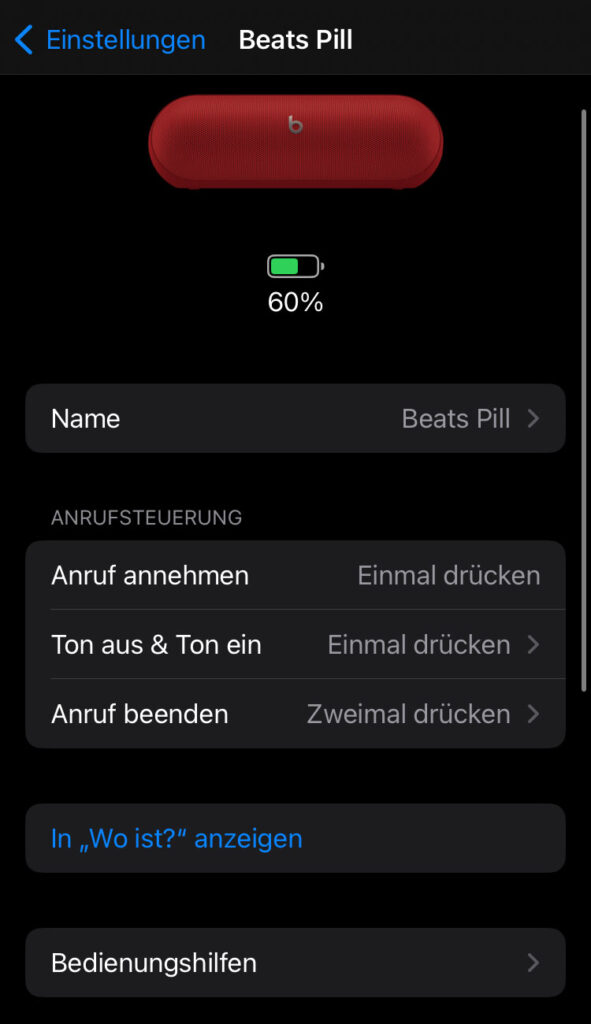 Beats Pill Test – iOS-Einstellungen